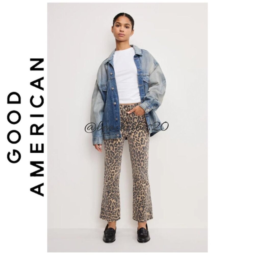 GOOD AMERICAN Good Kick Flare Leopard Jeans Luck Leopard001 8/29 NWT - Picture 1 of 6